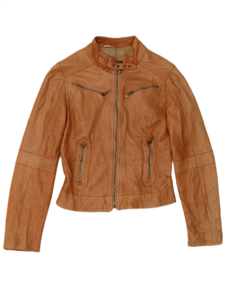 XETRA Womens Leather Biker Jacket UK 8 Small Beige