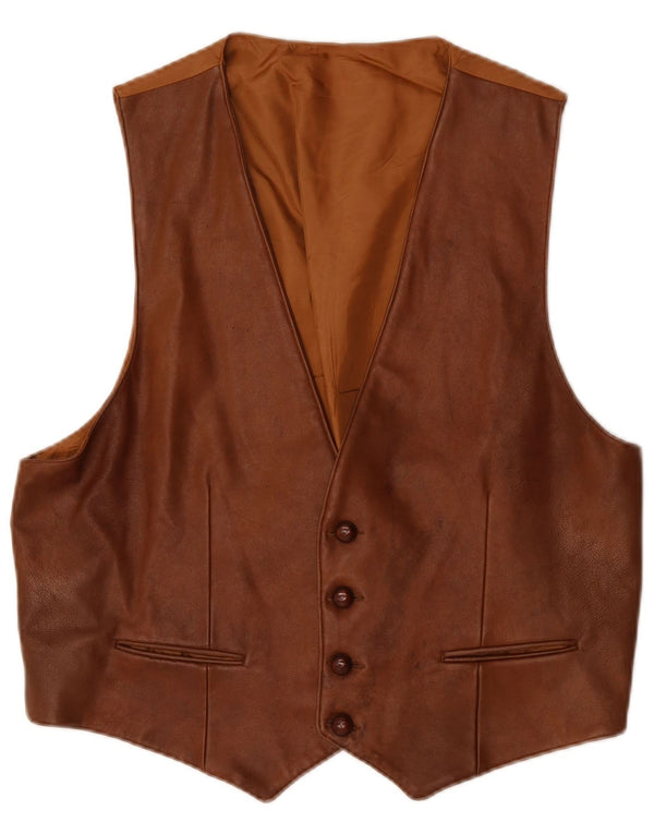 VINTAGE Mens Leather Waistcoat Large Brown Leather