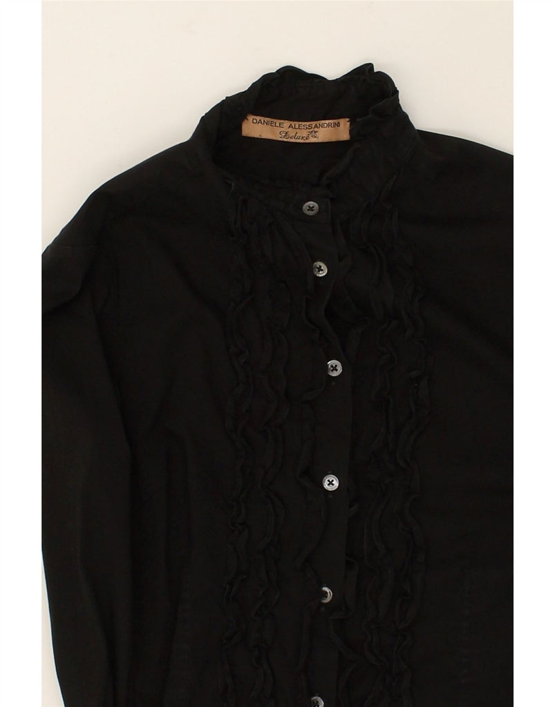 DANIELE ALESSANDRINI Womens Ruffle Front Shirt UK 10 Small Black | Vintage Daniele Alessandrini | Thrift | Second-Hand Daniele Alessandrini | Used Clothing | Messina Hembry 