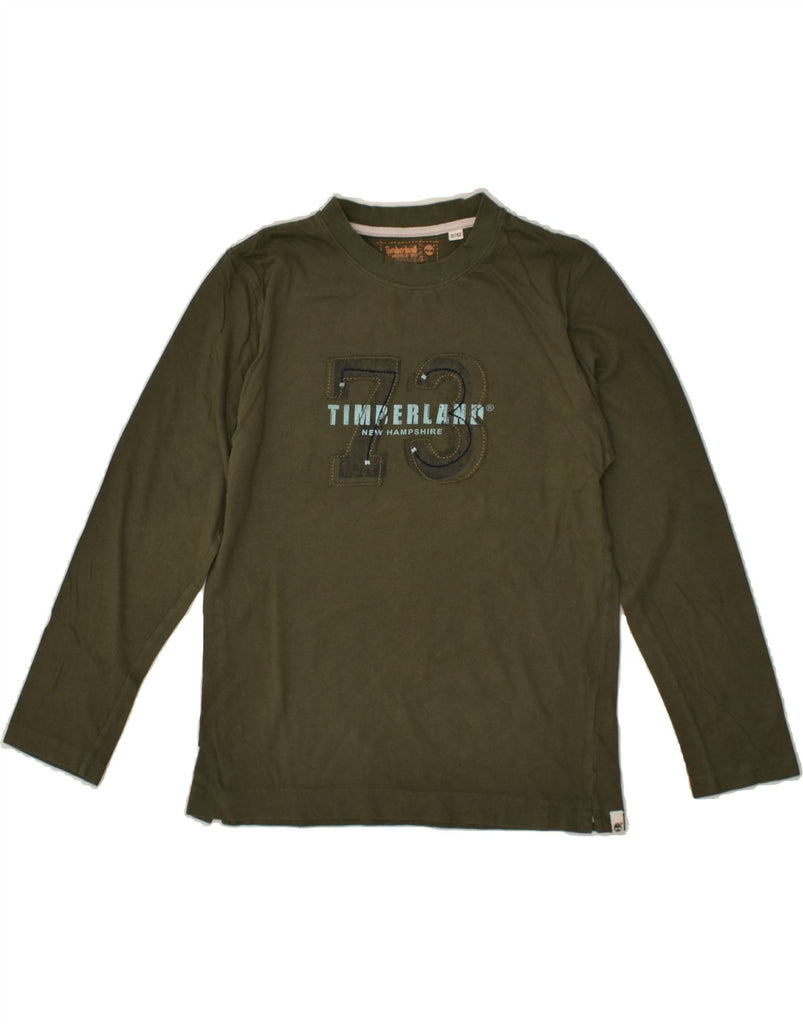 TIMBERLAND Boys Graphic Top Long Sleeve 11-12 Years Khaki Cotton | Vintage Timberland | Thrift | Second-Hand Timberland | Used Clothing | Messina Hembry 