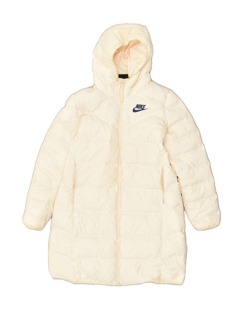 NIKE Womens Hooded Padded Coat UK 16 Large Off White Polyester | Vintage Nike | Thrift | Second-Hand Nike | Used Clothing | Messina Hembry 