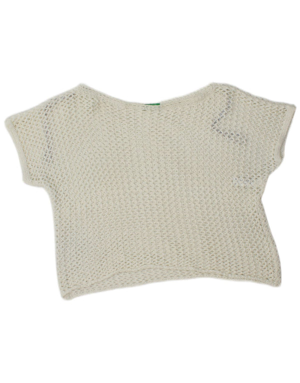 Benetton Womens Oversized Crochet Crop Top UK 10 Small White Cotton