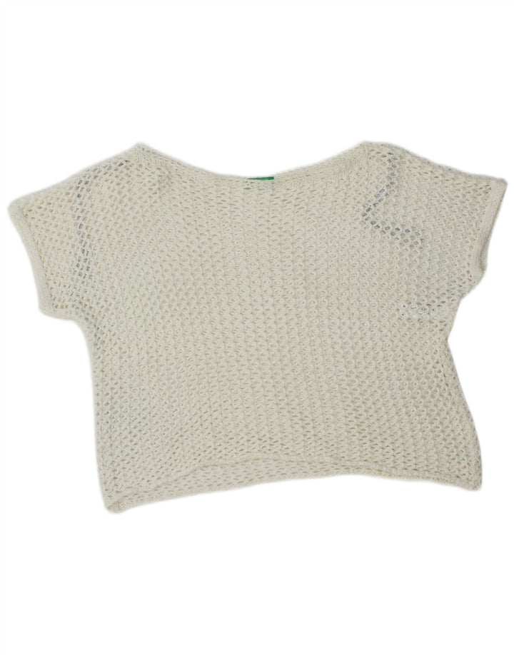 Benetton Womens Oversized Crochet Crop Top UK 10 Small White Cotton