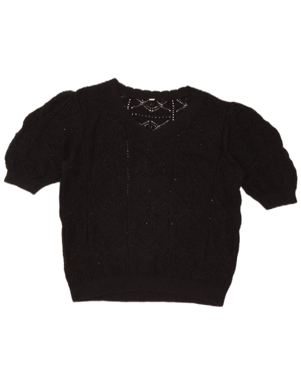 Vintage Womens Short Sleeve V-Neck Jumper Sweater UK 12 Medium Black