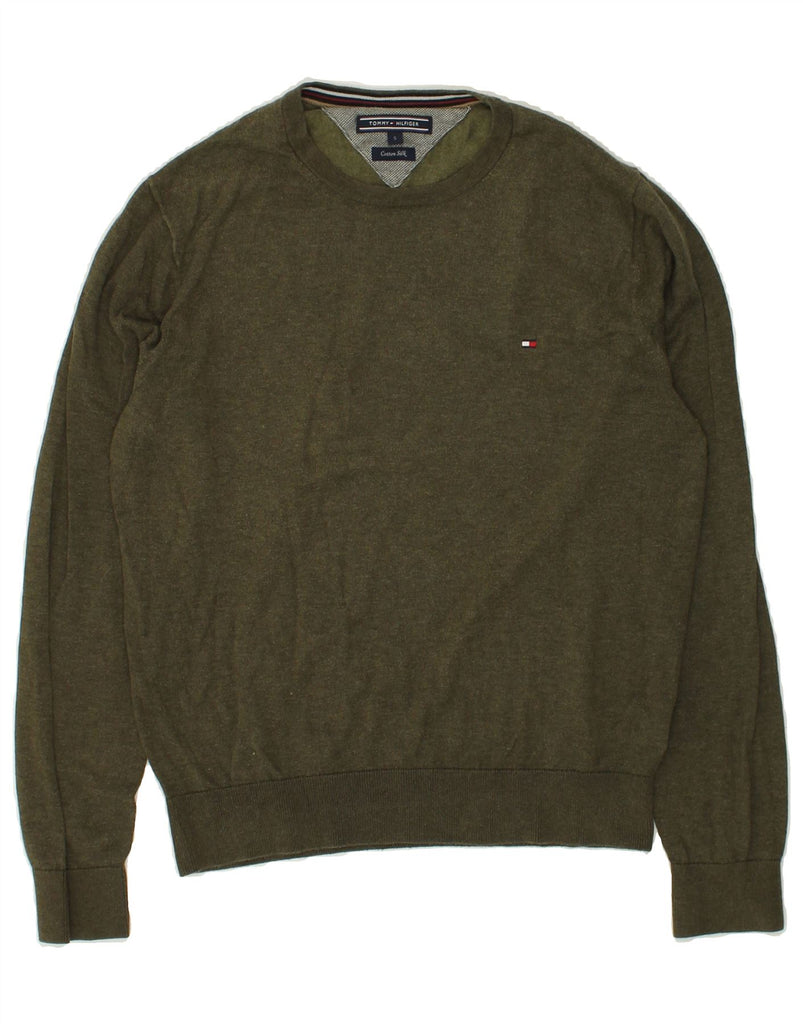 TOMMY HILFIGER Mens Crew Neck Jumper Sweater Small Khaki Cotton | Vintage Tommy Hilfiger | Thrift | Second-Hand Tommy Hilfiger | Used Clothing | Messina Hembry 