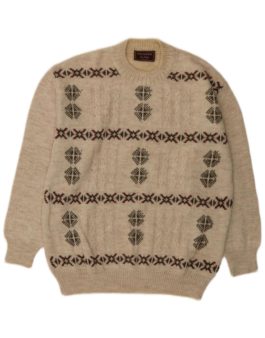 MALAGRIDA Mens Crew Neck Jumper Sweater Large Beige Fair Isle