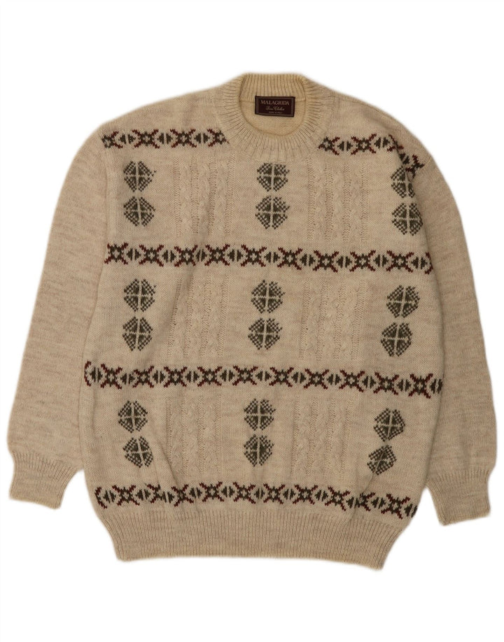 MALAGRIDA Mens Crew Neck Jumper Sweater Large Beige Fair Isle