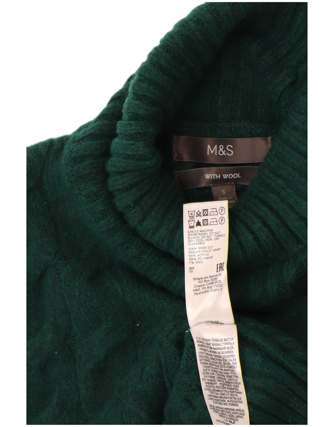MARKS & SPENCER Womens Roll Neck Jumper Sweater UK 10 Small Green Acrylic