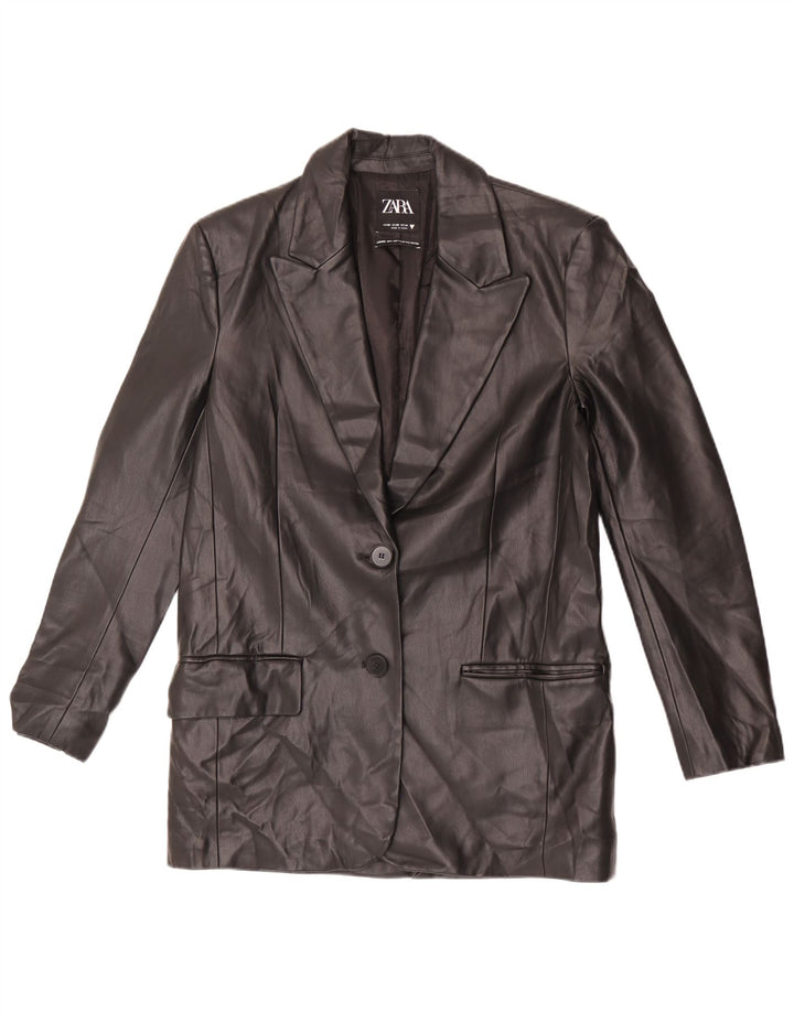 Zara Womens Oversized 2 Button Faux Leather Blazer Jacket UK 6 XS Black