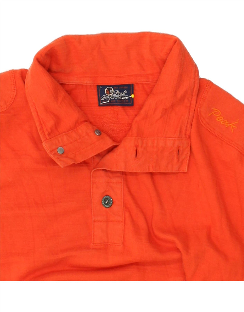 PEAK PERFORMANCE Mens Long Sleeve Polo Shirt Large Orange Cotton Vintage Peak Performance and Second-Hand Peak Performance from Messina Hembry 