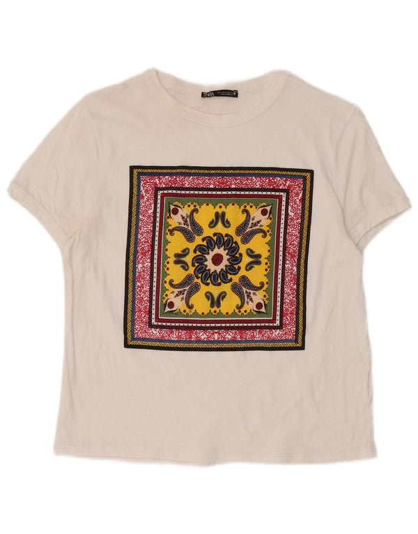 Zara Womens Graphic T-Shirt Top UK 14 Large White Paisley Cotton
