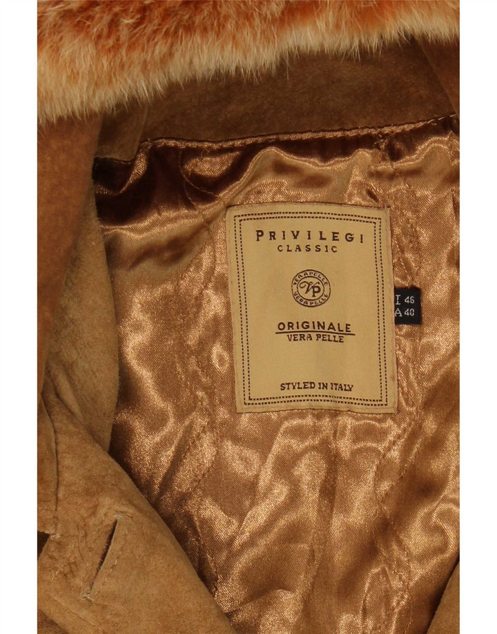 Privilegi Womens Hooded Suede Overcoat IT 46 Large Beige Leather