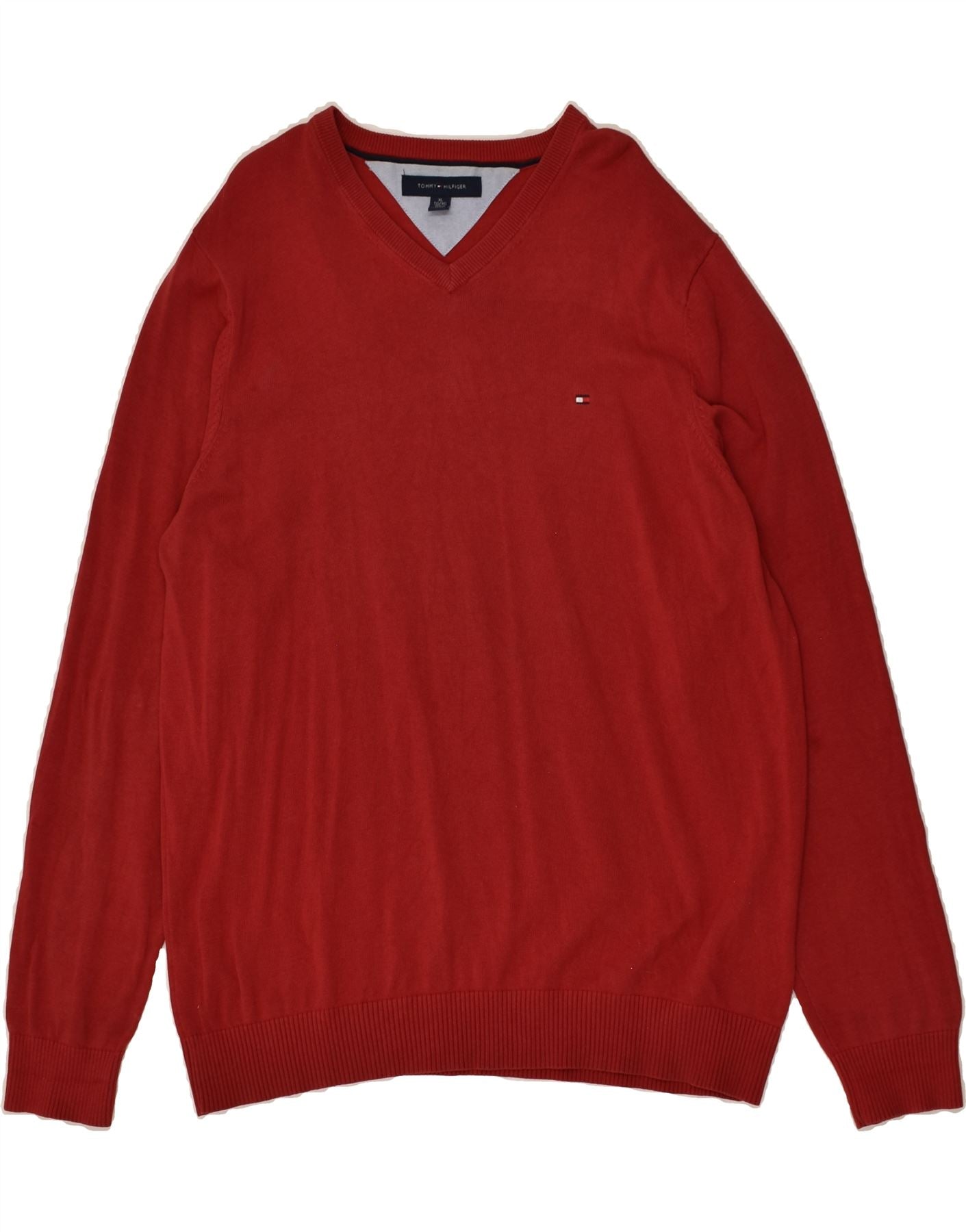 TOMMY HILFIGER Mens Tall V-Neck Jumper Sweater XL Red Cotton