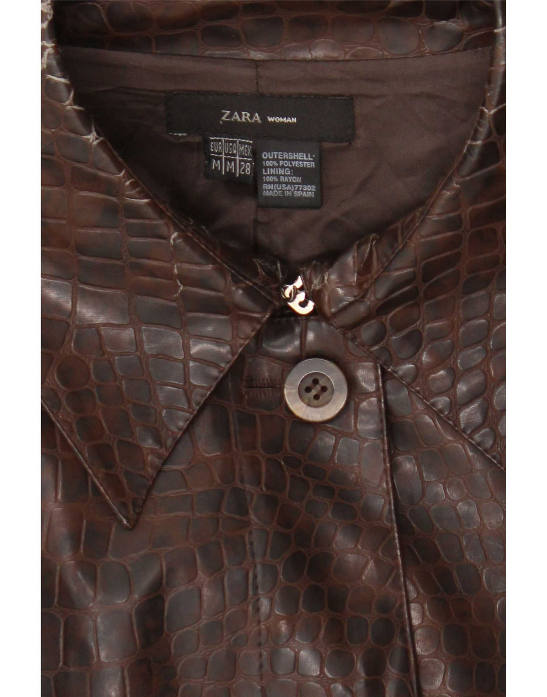 Zara Womens Faux Leather Overcoat UK 12 Medium Brown Animal Print Polyester