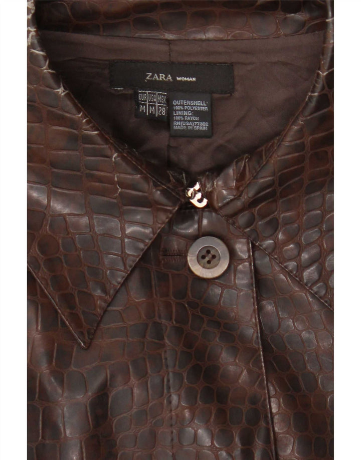 Zara Womens Faux Leather Overcoat UK 12 Medium Brown Animal Print Polyester