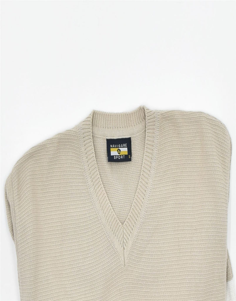 NAVIGARE Mens V-Neck Jumper Sweater Small Beige Striped Cotton | Vintage | Thrift | Second-Hand | Used Clothing | Messina Hembry 