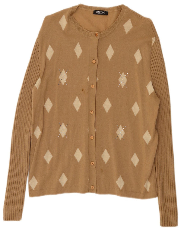 Baroni Womens Cardigan Sweater IT 48 XL Brown Argyle/Diamond Merino Wool