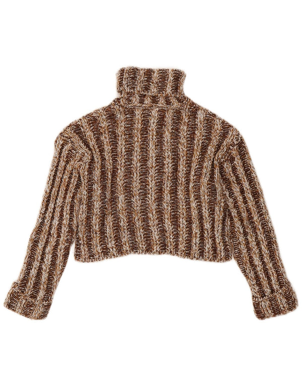 Zara Girls Crop Roll Neck Jumper Sweater 8-9 Years Brown Striped Acrylic