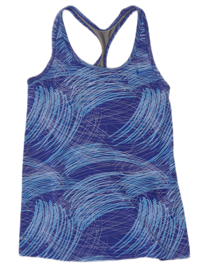 NIKE Womens Dri Fit Graphic Vest Top UK 8 Small Blue Geometric Cotton