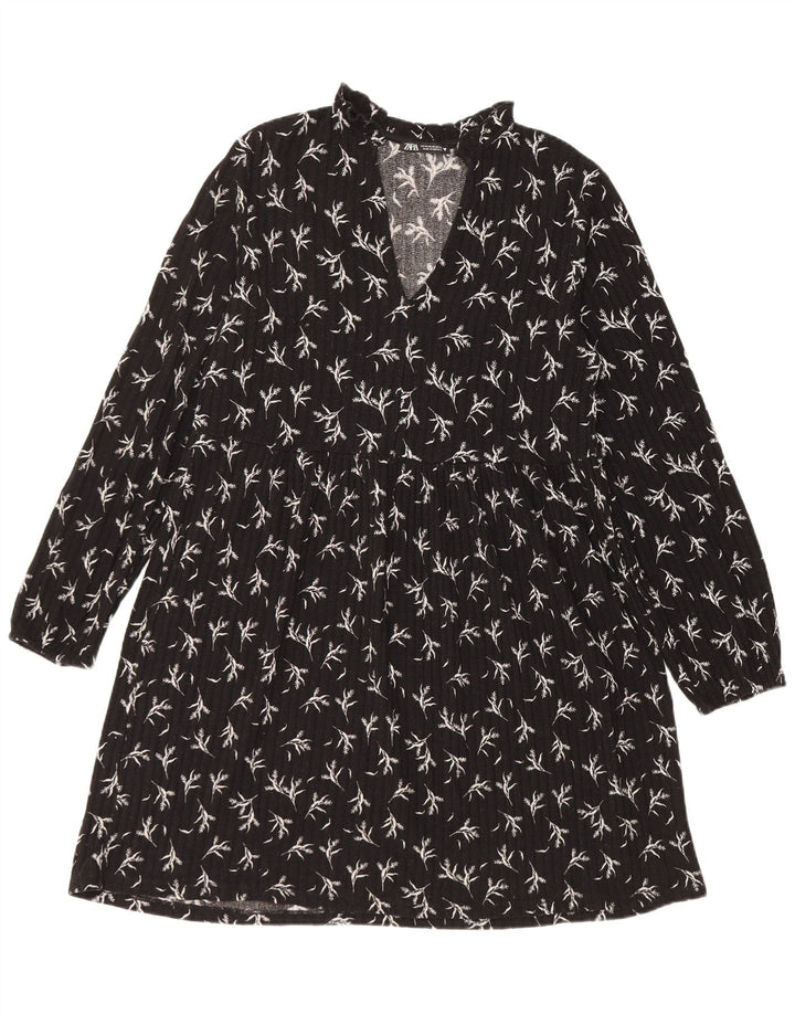Zara Womens Long Sleeve A-Line Dress UK 14 Medium Black Floral Polyester