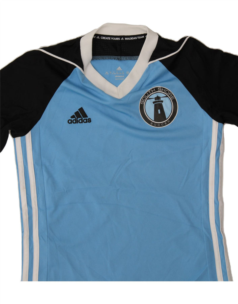 ADIDAS Boys Graphic T-Shirt Top 9-10 Years Blue Colourblock Polyester Vintage Adidas and Second-Hand Adidas from Messina Hembry 