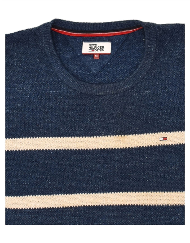 TOMMY HILFIGER Mens Crew Neck Jumper Sweater XL Navy Blue Striped Cotton | Vintage Tommy Hilfiger | Thrift | Second-Hand Tommy Hilfiger | Used Clothing | Messina Hembry 