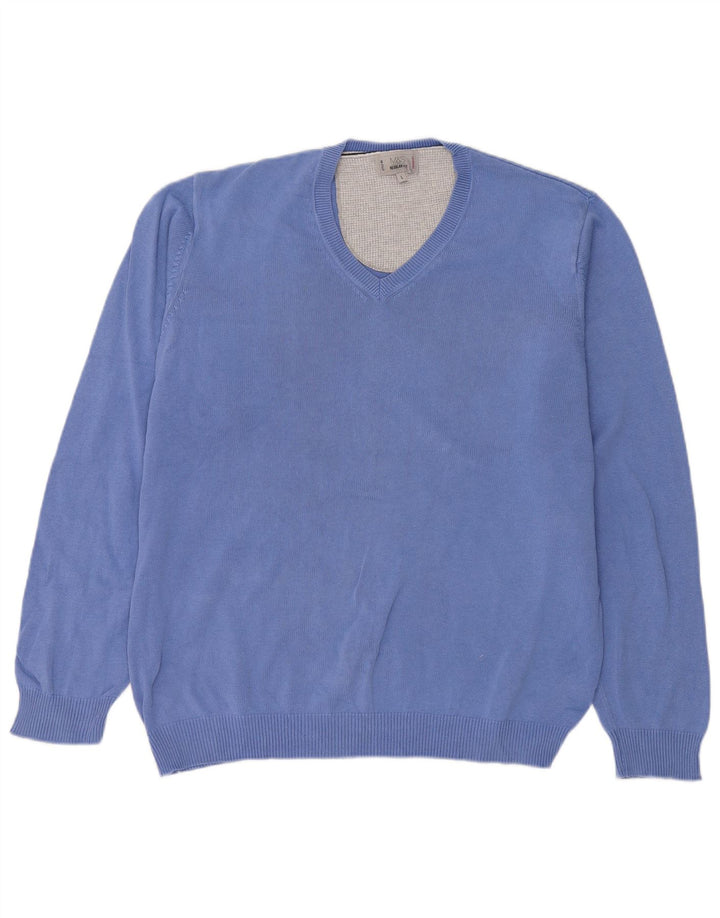 Marks & Spencer Mens Regular Fit V-Neck Jumper Sweater Large Blue Cotton
