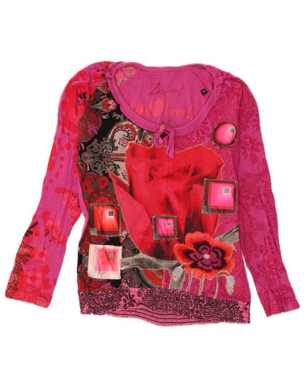 Desigual Womens Graphic Top Long Sleeve UK 14 Medium Pink Floral Cotton
