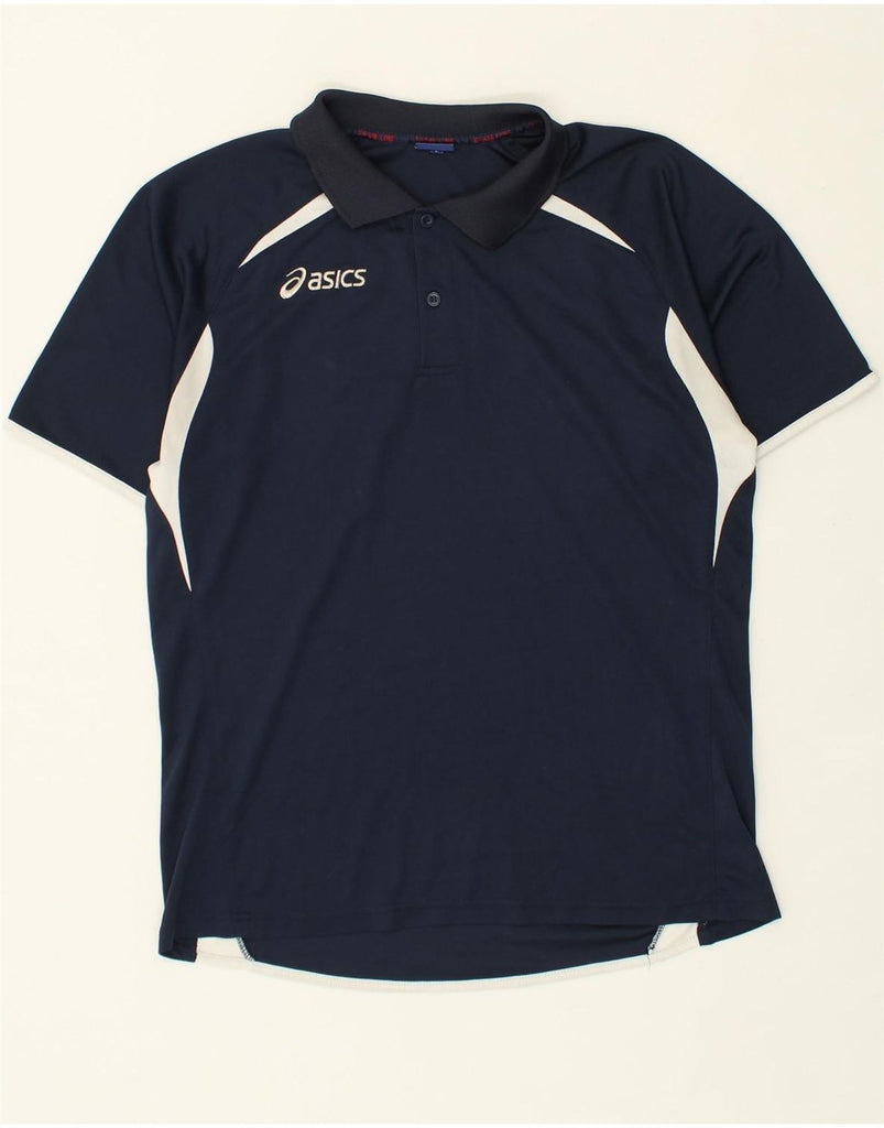 ASICS Mens Polo Shirt Large Navy Blue Colourblock | Vintage Asics | Thrift | Second-Hand Asics | Used Clothing | Messina Hembry 