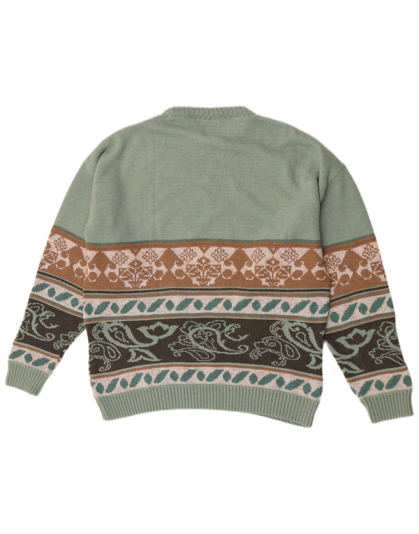 Vintage Mens Crew Neck Jumper Sweater Large Green Paisley Acrylic