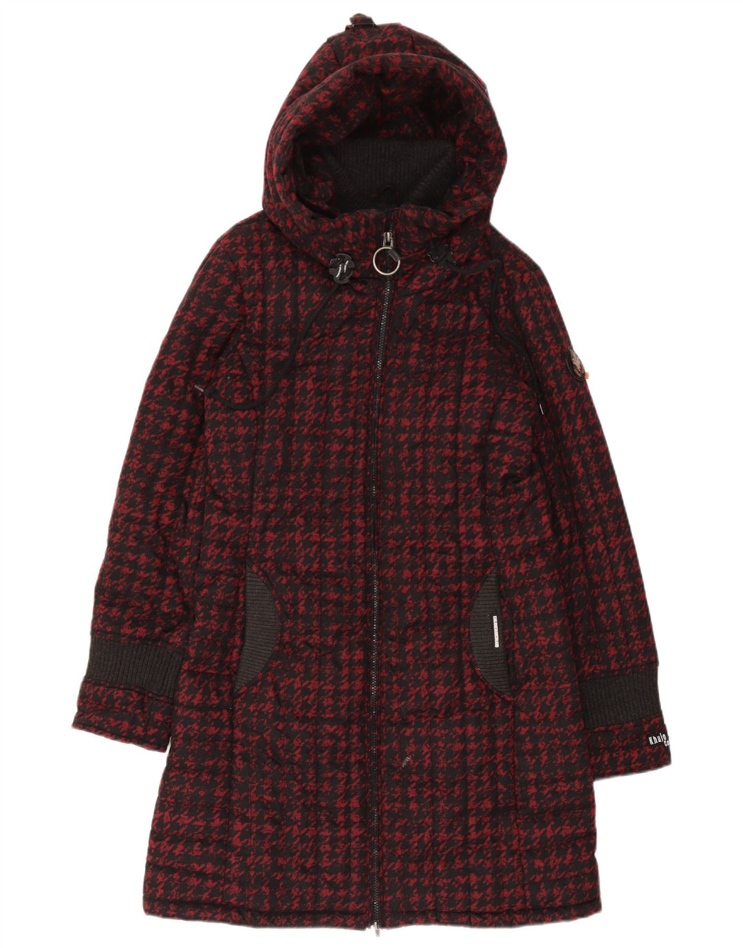 KHUJO Womens Hooded Padded Coat UK 18 XL Red Houndstooth Polyester