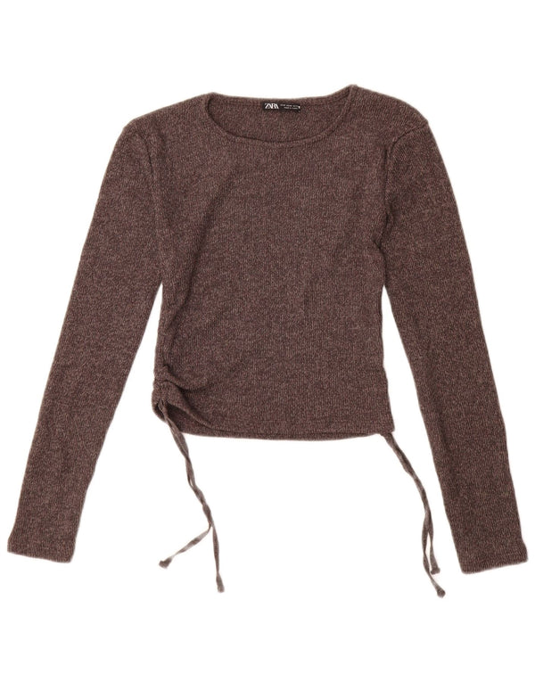 Zara Womens Long Sleeve Crop Top UK 12 Medium Brown Polyester