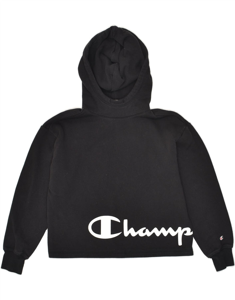 CHAMPION Womens Crop Graphic Hoodie Jumper UK 10 Small Black Cotton | Vintage Champion | Thrift | Second-Hand Champion | Used Clothing | Messina Hembry 