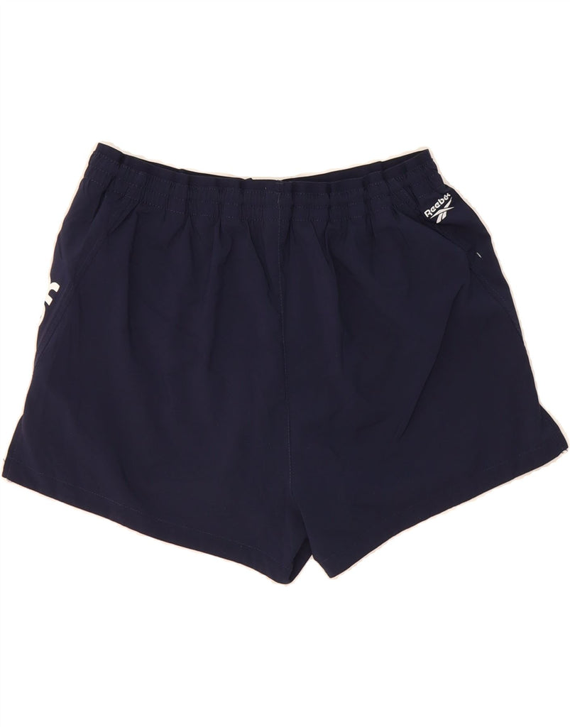 REEBOK Womens Graphic Sport Shorts UK 14 Large  Navy Blue Vintage Reebok and Second-Hand Reebok from Messina Hembry 