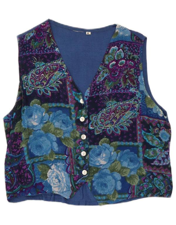 Vintage Womens Waistcoat UK 14 Medium Blue Floral Viscose Retro