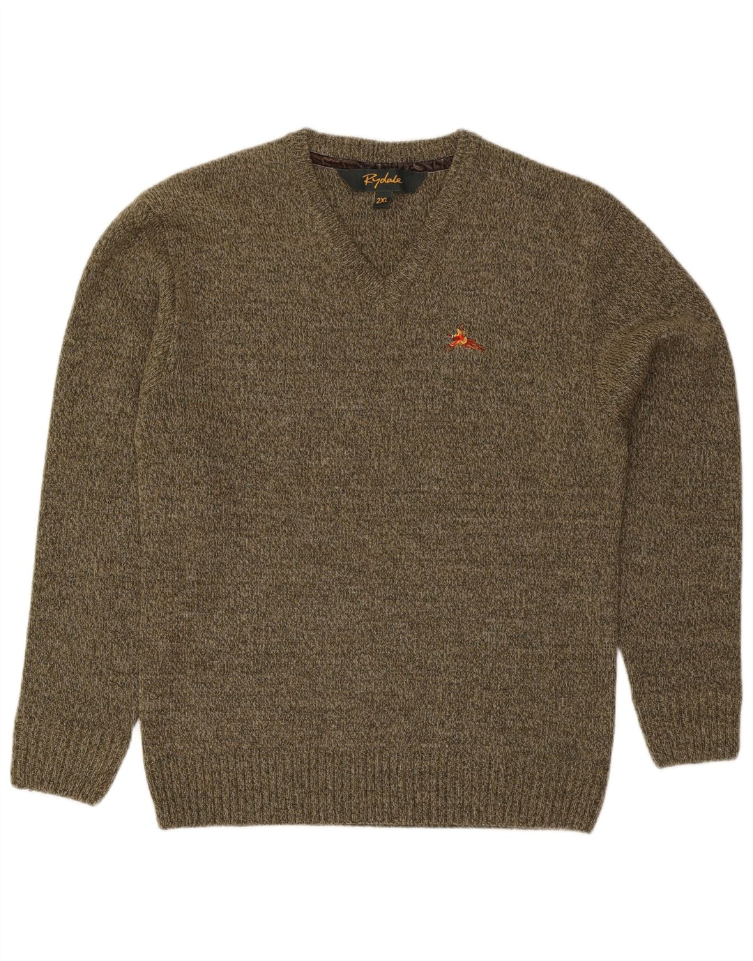 Rydale Mens V-Neck Jumper Sweater 2XL Khaki Flecked Wool