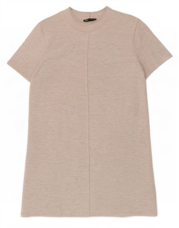 Zara Womens Short Sleeves Jumper Dress UK 12 Medium Beige Polyester