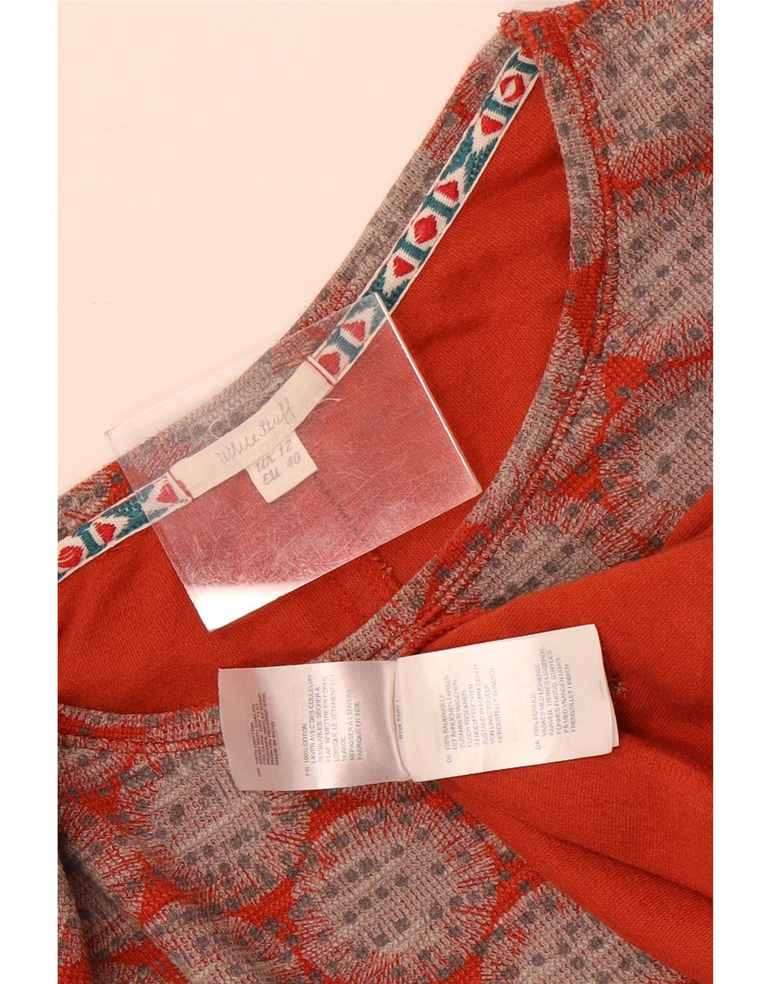 White Stuff Womens Crop Top Long Sleeve UK 12 Medium Red Geometric