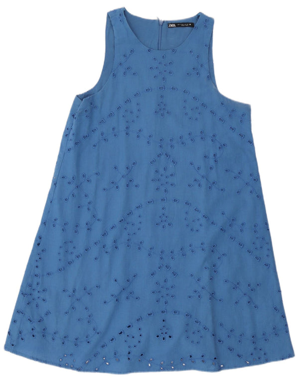 Zara Womens Sleeveless A-Line Dress UK 10 Small Blue Floral Cotton