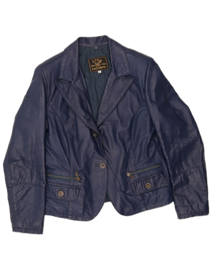 Falconpel Womens 2 Button Leather Blazer Jacket UK 18 XL Navy Blue Leather