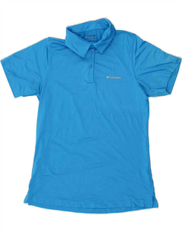 COLUMBIA Womens Graphic Polo Shirt UK 6 XS Blue Polyester Vintage Columbia and Second-Hand Columbia from Messina Hembry 