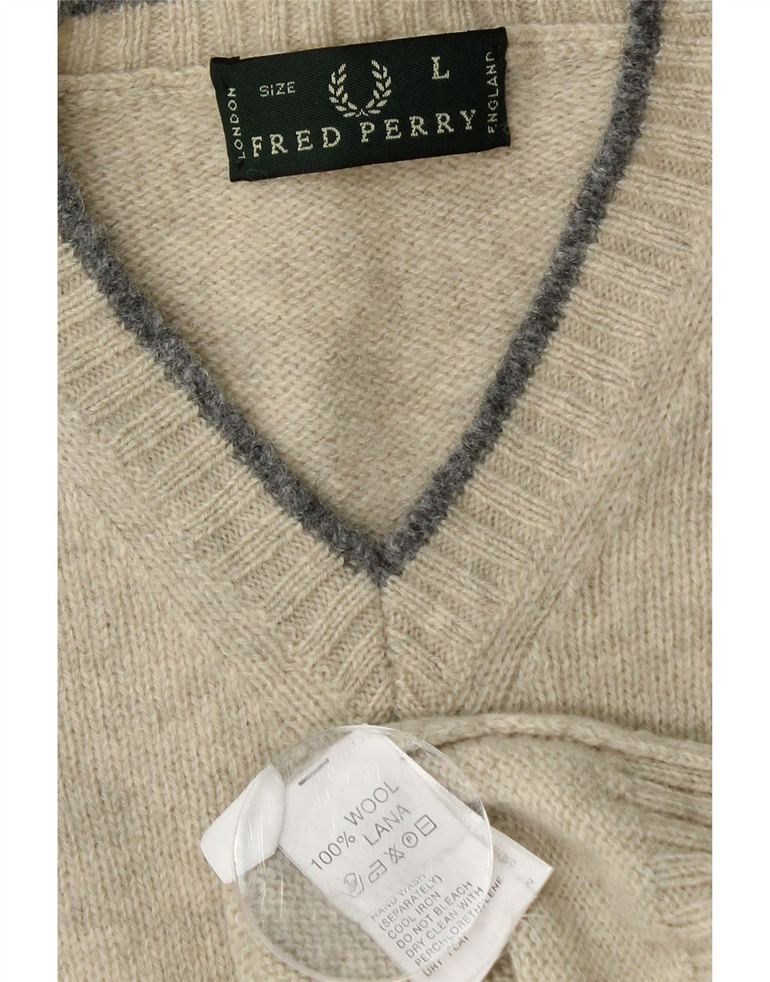 FRED PERRY Mens V-Neck Jumper Sweater Large Green Wool