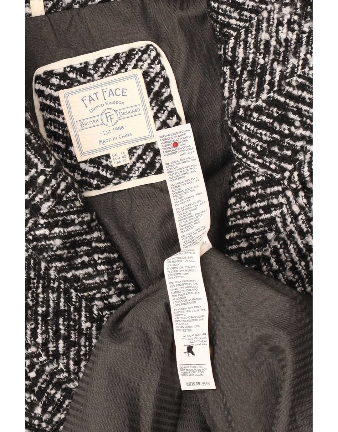 Fat Face Womens Loose Fit Overcoat UK 14 Large Black Herringbone Classic