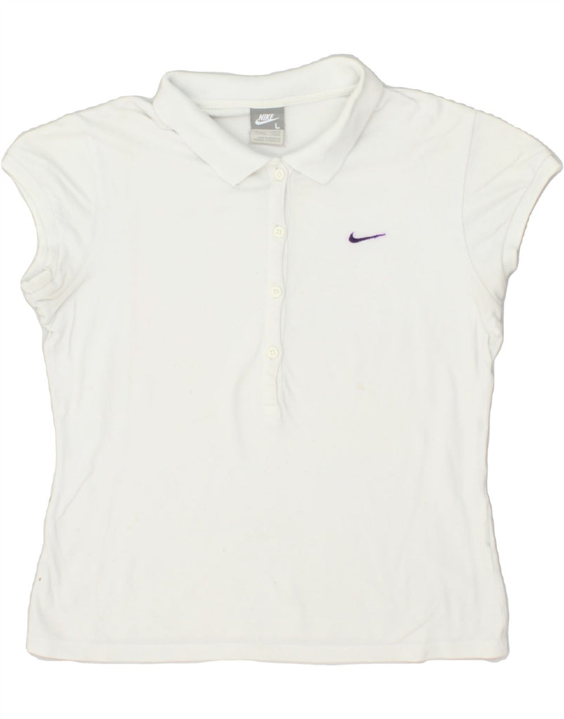 NIKE Womens Polo Shirt UK 14/16 Large White Cotton | Vintage Nike | Thrift | Second-Hand Nike | Used Clothing | Messina Hembry 