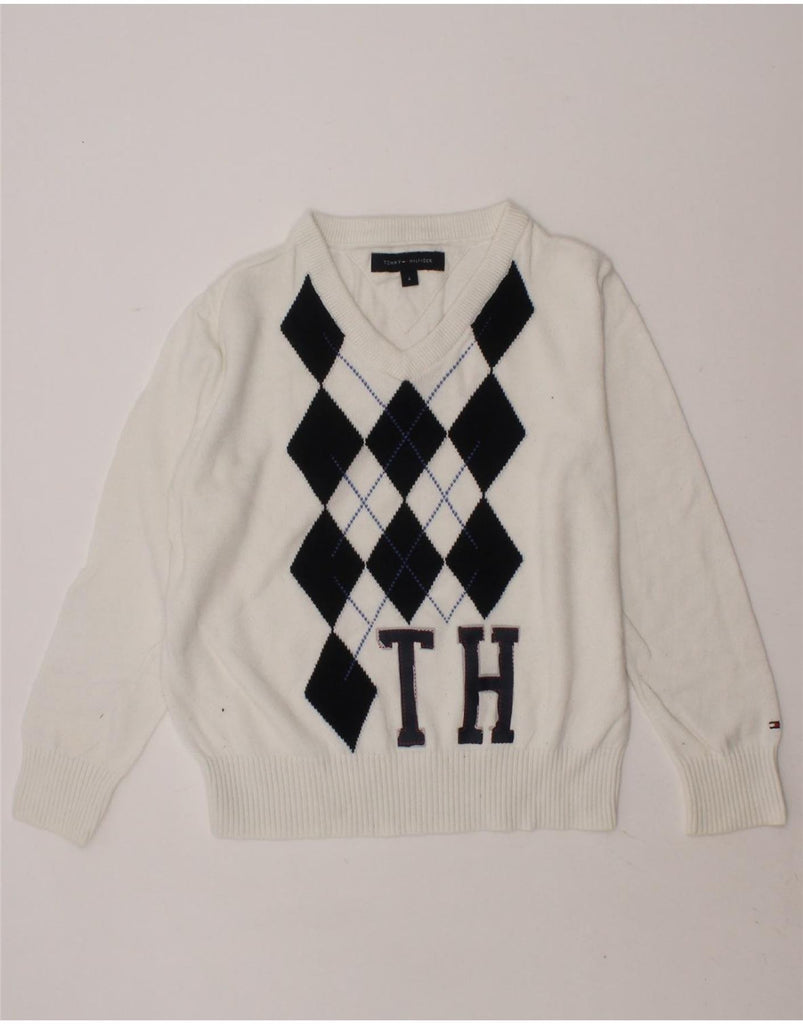 TOMMY HILFIGER Boys V-Neck Jumper Sweater 3-4 Years White Argyle/Diamond Vintage Tommy Hilfiger and Second-Hand Tommy Hilfiger from Messina Hembry 