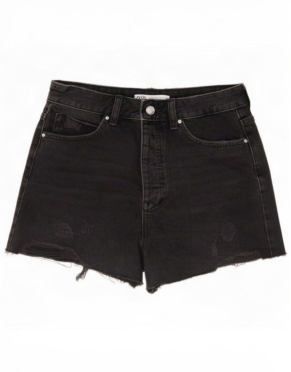 Zara Womens High Waist Distressed Denim Shorts EU 38 Small W28 Black Cotton