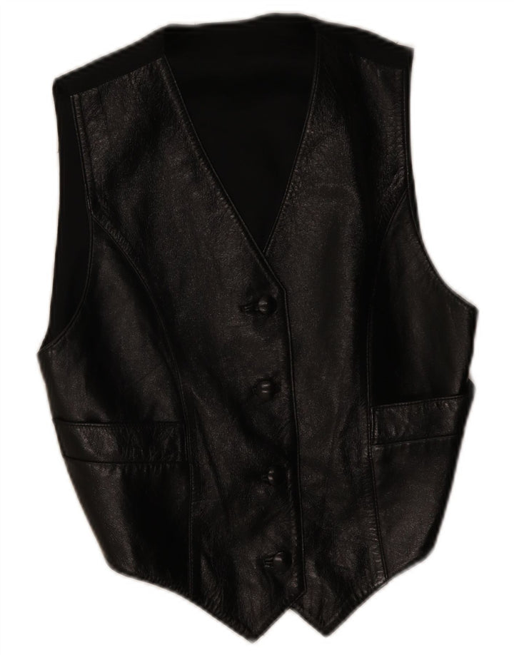 Vintage Womens Leather Waistcoat UK 12 Medium Black Leather