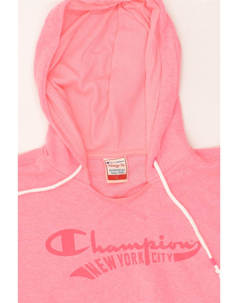 CHAMPION Womens Heritage Fit Graphic Hoodie Jumper UK 16 Large Pink | Vintage Champion | Thrift | Second-Hand Champion | Used Clothing | Messina Hembry 