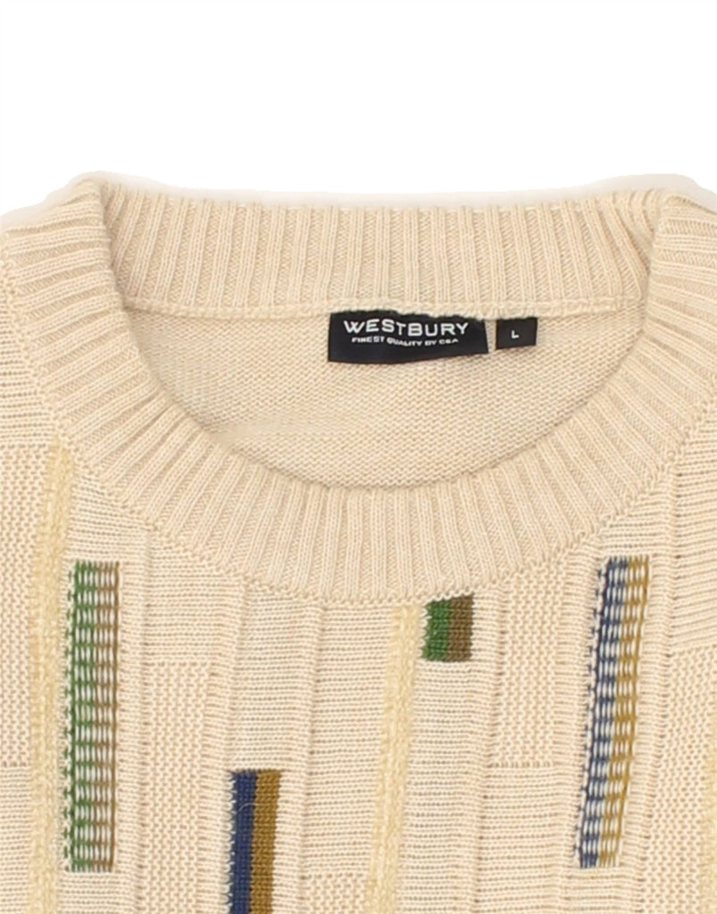 WESTBURY Mens Crew Neck Jumper Sweater Large Beige Striped New Wool Vintage WESTBURY and Second-Hand WESTBURY from Messina Hembry 