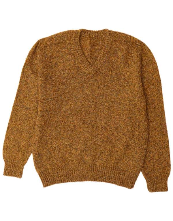 Vintage Mens V-Neck Jumper Sweater Large Khaki Flecked Wool